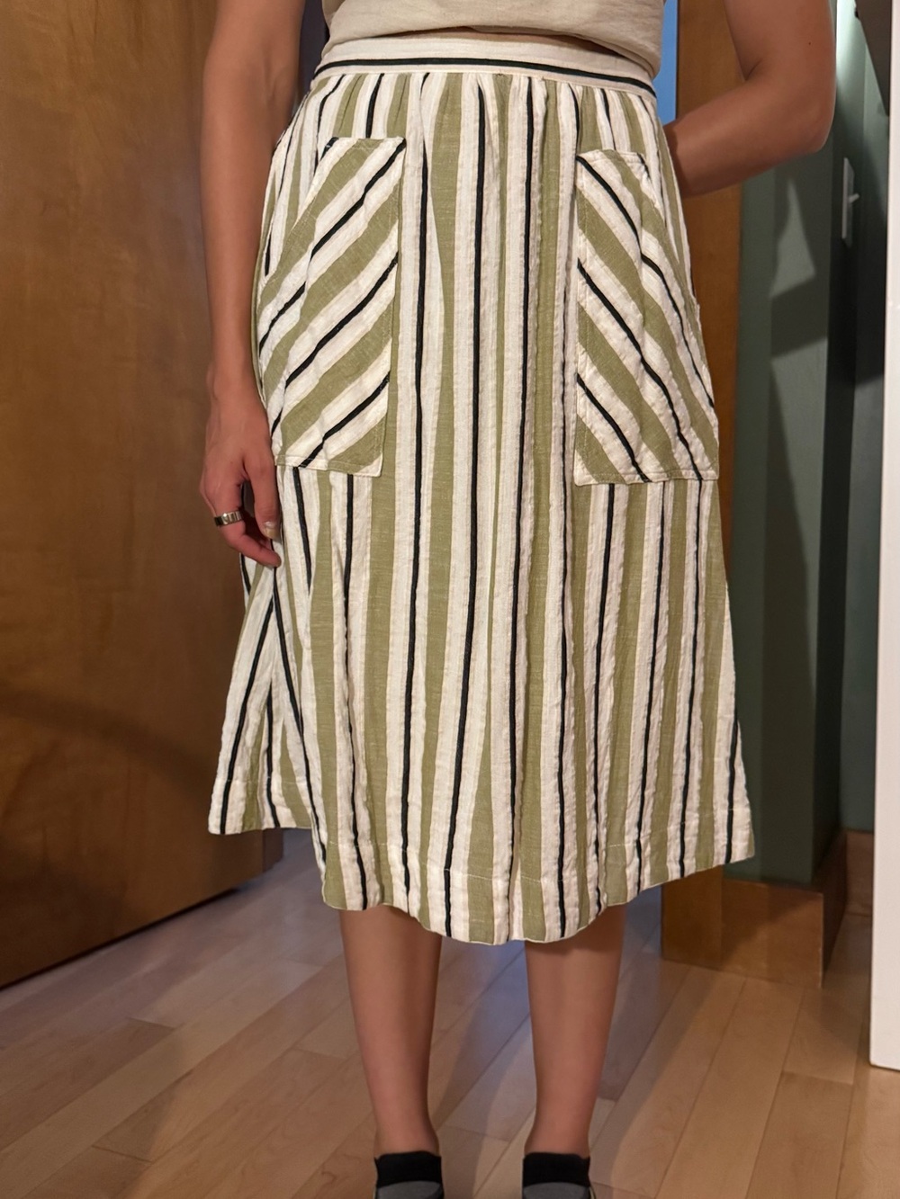 Anthropologie Olive, White & Black Striped Midi Skirt